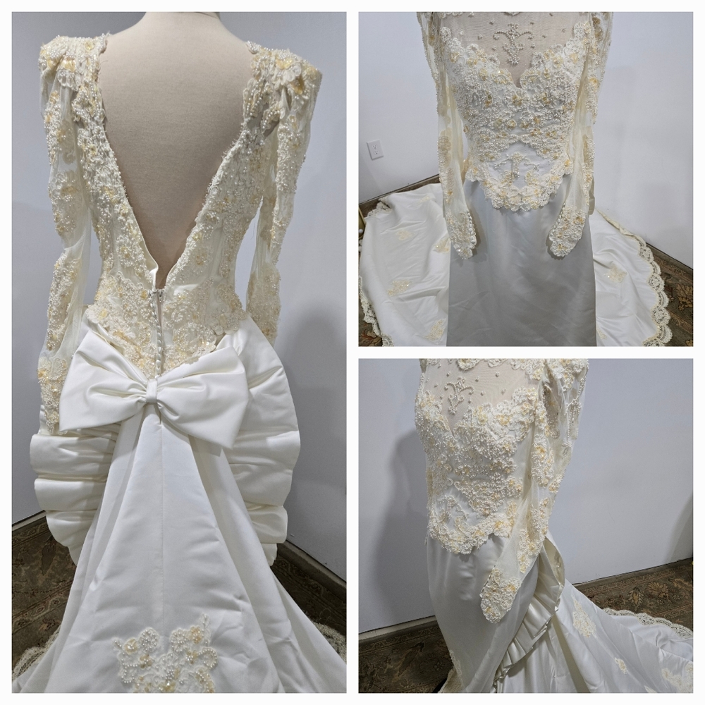 Vintage Bridal Origins Wedding Gown, winged waist with bow, long sleeves, train